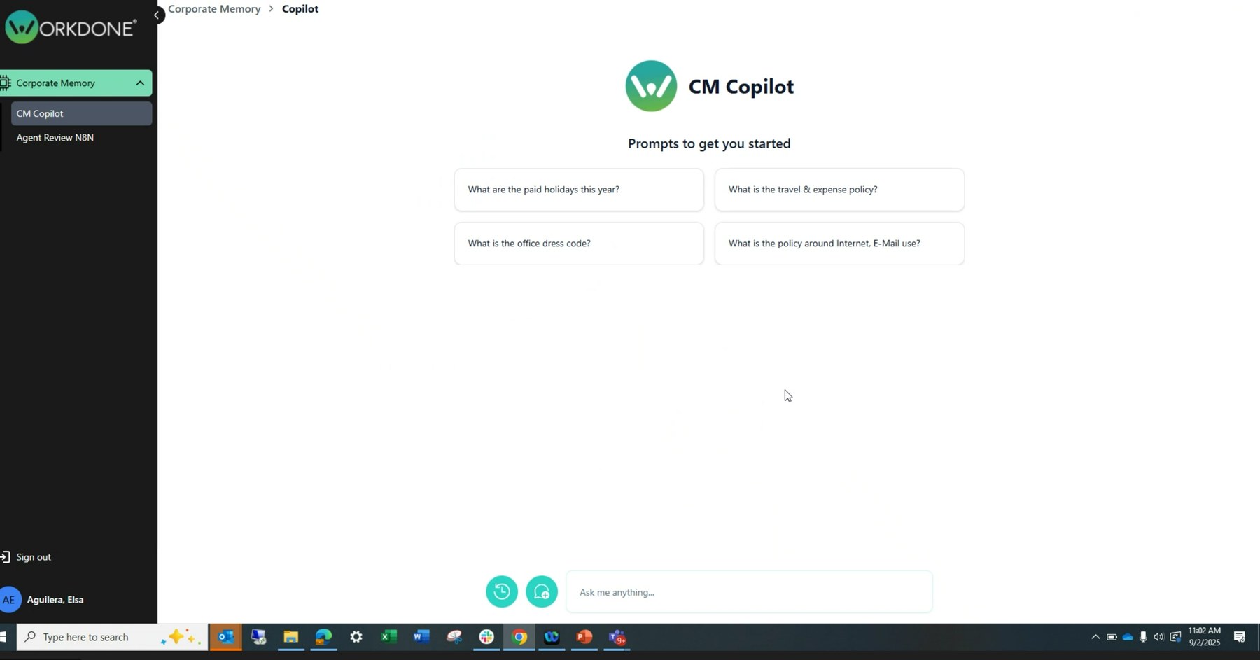 WORKDONE Corporate Memory CM Copilot interface